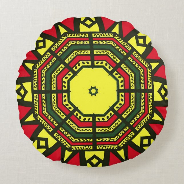Afrocentric Mandala Rond Kussen (Voorkant)