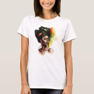 Afrocentrische vrouw in levendige kleuren t-shirt