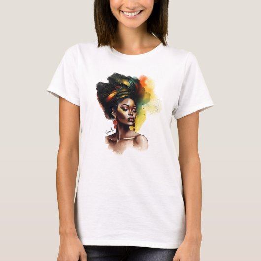 Afrocentrische vrouw in levendige kleuren t-shirt (Voorkant)