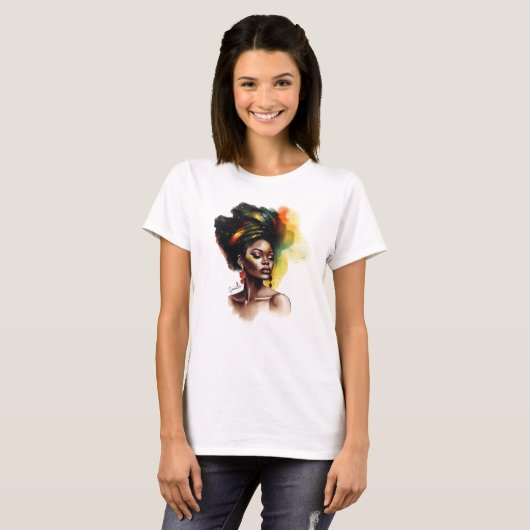 Afrocentrische vrouw in levendige kleuren t-shirt (Voorkant volledig)