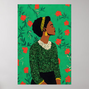 Afrocentrische Vrouw Kunstprint Groene Bloem Giclé Poster