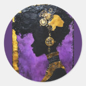 Afrofuturistische Steampunk vrouw in het Paarse Ronde Sticker (Voorkant)
