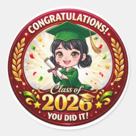 Afrondingklas 2026 Grad Girl - Groen & Goud Aanden Ronde Sticker