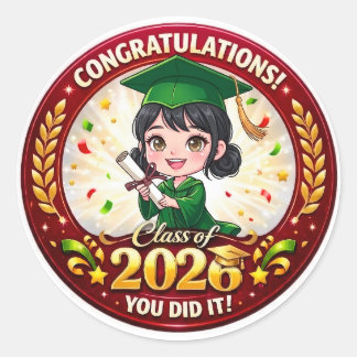Afrondingklas 2026 Grad Girl - Groen & Goud Aanden Ronde Sticker