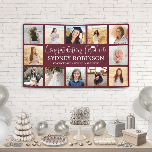 Afscheid Congrats 12 Foto Collage Maroon Spandoek