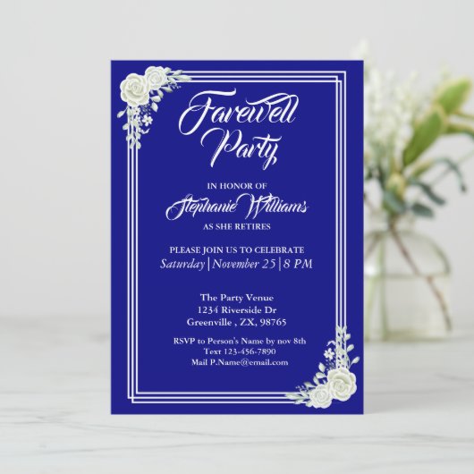 Afscheid Elegant Script Blauw Wit Rose Party Kaart (Staand voorkant)