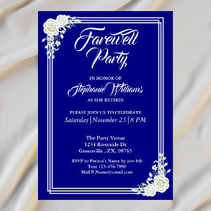Afscheid Elegant Script Blauw Wit Rose Party Kaart