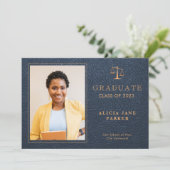 Afscheid foto van rechtenfaculteit in navy goud aankondiging (Staand voorkant)
