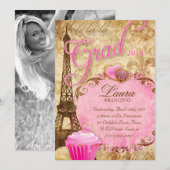 Afscheid Paris Eiffeltoren Vintage Bloem Roze Kaart (Voorkant / Achterkant)