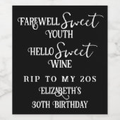 Afscheid Sweet Youth RIP 20s 30th Birthday Wijn Etiket (Enkel label)
