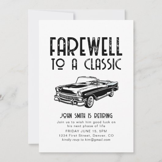Afscheid van een Classic Retirement Car Party Invi Kaart (Voorkant)