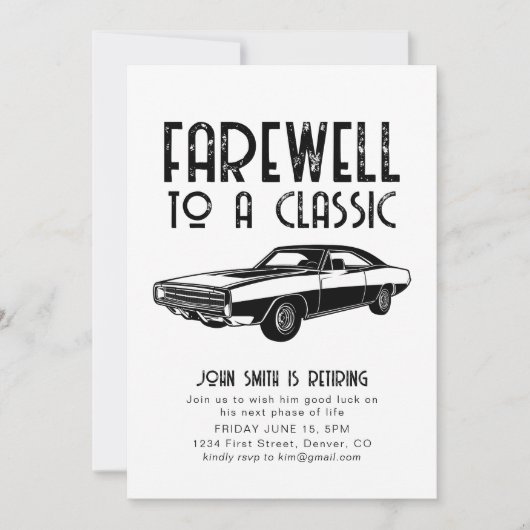 Afscheid van een Classic Retirement Car Party Invi Kaart (Voorkant)