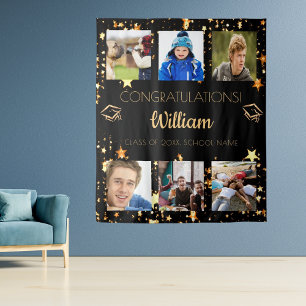Afscheidfeest zwart goud afgestudeerde fotocollage wandkleed