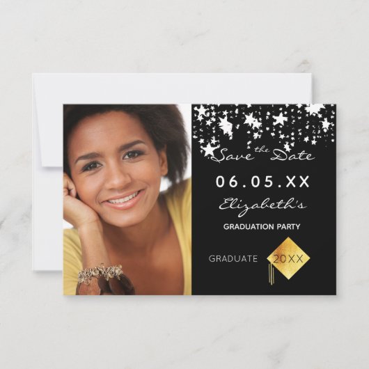 Afscheidfeest zwart witte sterren foto 2025 save the date (Voorkant)