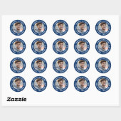 Afscheidfoto van student in moderne donkerblauw ronde sticker (Vel)