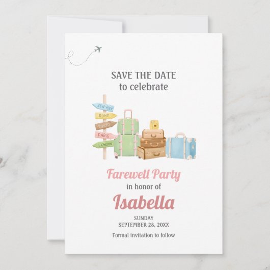 Afscheidsfeest reizen gaat weg save the date (Voorkant)