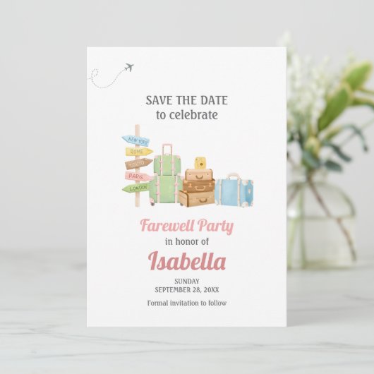 Afscheidsfeest reizen gaat weg save the date (Staand voorkant)