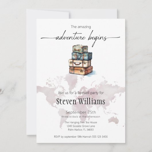 Afscheidsfeest wereldreis het avontuur begint kaart (Voorkant)