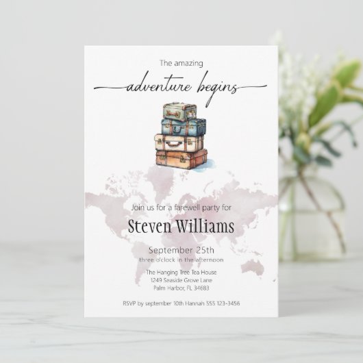 Afscheidsfeest wereldreis het avontuur begint kaart (Staand voorkant)