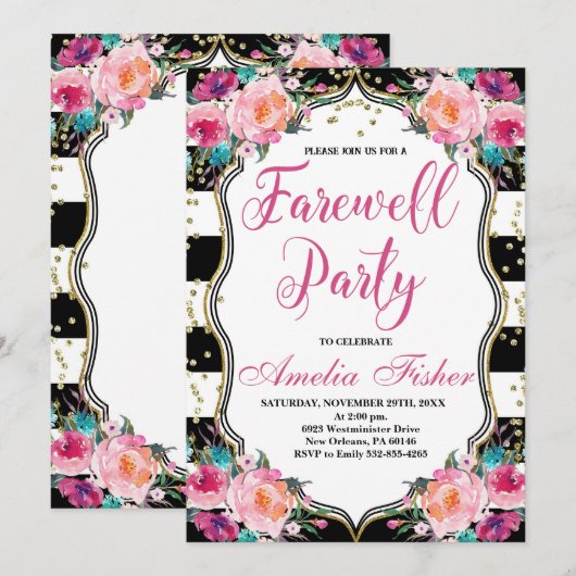 Afscheidsfeest, zwart-wit afscheidsfeest kaart (Voorkant / Achterkant)