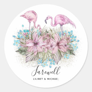 Afscheidskaarten voor vrienden met flamingo's ronde sticker