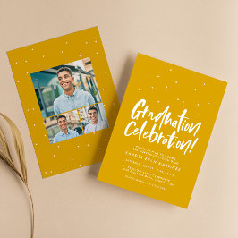 Afscheidspartij drie foto goud geel confetti kaart