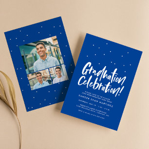 Afscheidspartij drie foto leuk blauw confetti kaart