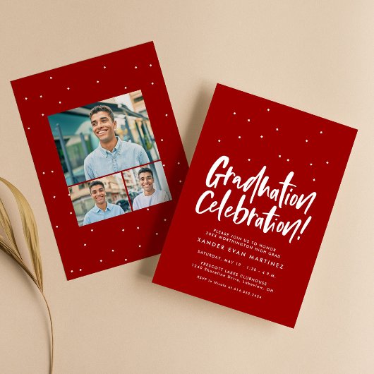 Afscheidspartij drie foto leuk rood confetti kaart
