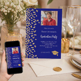 Afscheidsparty navyblauw gouden confetti foto kaart