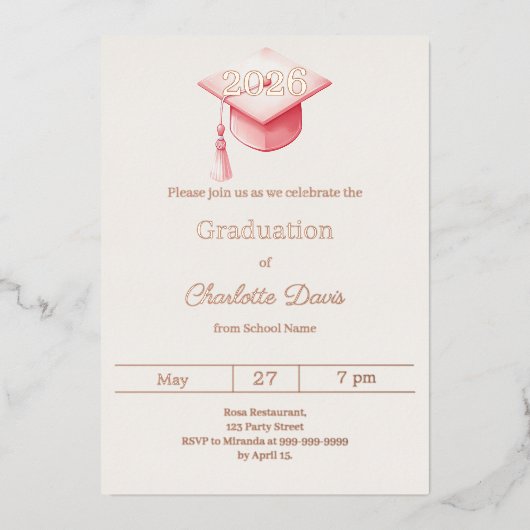 Afscheidsparty roze goud klas van 2026 luxe folie uitnodiging (Voorkant)