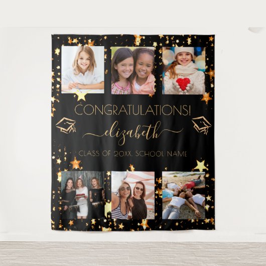 Afscheidsparty zwart goud afgestudeerde fotocollag wandkleed (Voorkant)