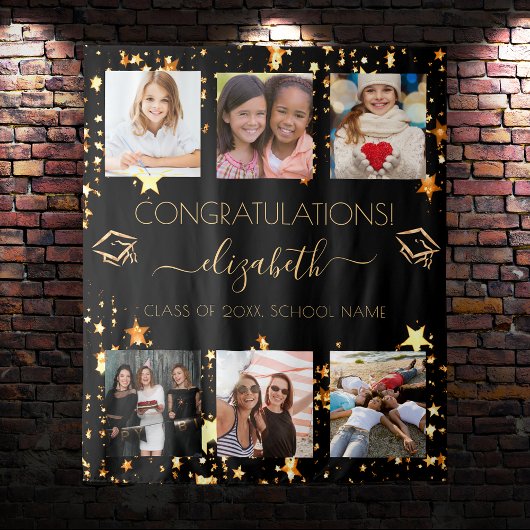 Afscheidsparty zwart goud afgestudeerde fotocollag wandkleed