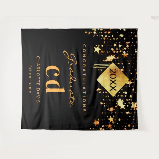 Afscheidsparty zwart goud afgestudeerde naam 2025 wandkleed (Voorkant (horizontaal))