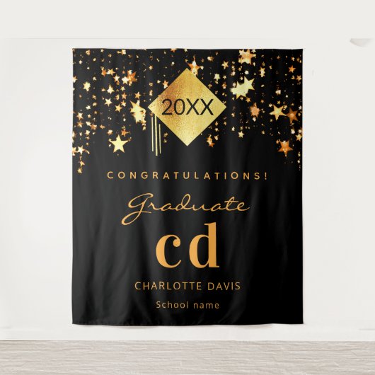 Afscheidsparty zwart goud afgestudeerde naam 2025 wandkleed (Voorkant)