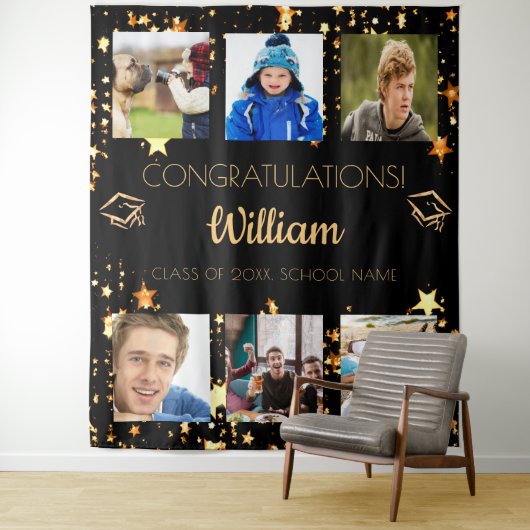 Afscheidsparty zwart goud afstudeerfoto collage wandkleed (In situ)