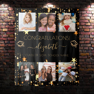 Afscheidsparty zwart goud afstudeerfoto collage wandkleed