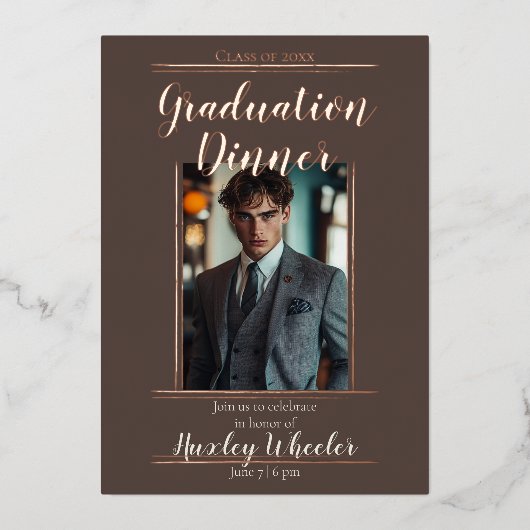 Afsluitdiner/lunch, koperen mokkakleur, folie uitnodiging (Voorkant)