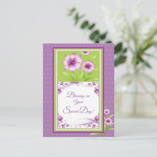 Afsluitingen op uw speciale dag paarse bloemen Sti Briefkaart (Staand voorkant)