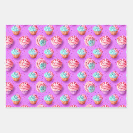 Afspeelkleurige Lila, blauwe en roze cupcake Inpakpapier Vel