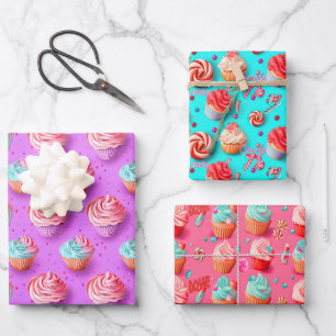 Afspeelkleurige Lila, blauwe en roze cupcake Inpakpapier Vel