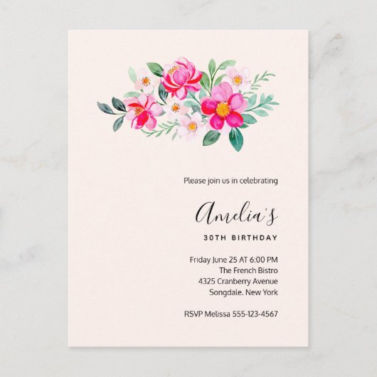 Afspeelse  roze bloemen uitnodiging (Voorkant)