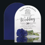 Afspiegeling van Navy Blue Roos Elegant Romantic W Kaart<br><div class="desc">Deze mooie trouwuitnodiging bevat een foto van een lang gestampt blauw roos van de marine die aan de zijkant staat te staan en die in een pool van water met rimpels en golven reflecteert. De typografie kenmerkt een elegante manuscriptkalligrafie en de formulering maakt formeel deze uitnodiging zowel modern als klassiek....</div>