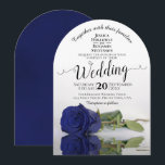 Afspiegeling van Navy Blue Roos Elegant Romantic W Kaart<br><div class="desc">Deze mooie trouwuitnodiging bevat een foto van een lang gestampt blauw roos van de marine die aan de zijkant staat te staan en die in een pool van water met rimpels en golven reflecteert. De typografie kenmerkt een elegante manuscriptkalligrafie en de formulering maakt formeel deze uitnodiging zowel modern als klassiek....</div>