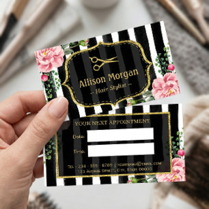 Afspraak bij kapper met vintage bloemen en strepen afsprakenkaartje