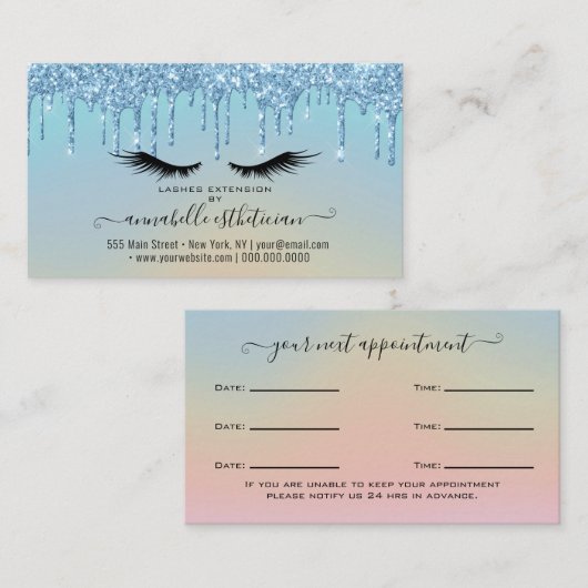 Afspraak voor Glitter Blue Wimper Extensie  Visitekaartje (Voorkant / Achterkant)