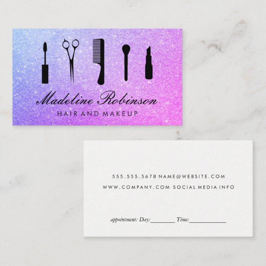 Afspraak voor haar- en make-upglitter afsprakenkaartje (Voorkant / Achterkant)