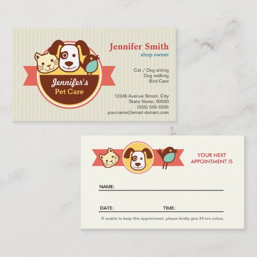 afspraak voor verzorging van huisdieren afsprakenkaartje (Voorkant / Achterkant)