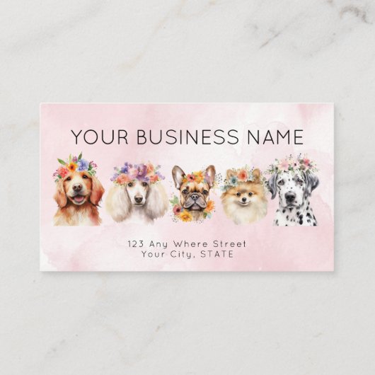 Afspraakkaart waterverf honden bloemen, roze visitekaartje (Achterkant)