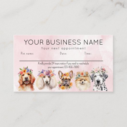 Afspraakkaart waterverf honden bloemen, roze visitekaartje (Voorkant)
