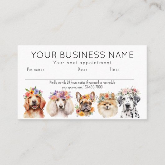 Afspraakkaart waterverf honden bloemen, wit visitekaartje (Voorkant)